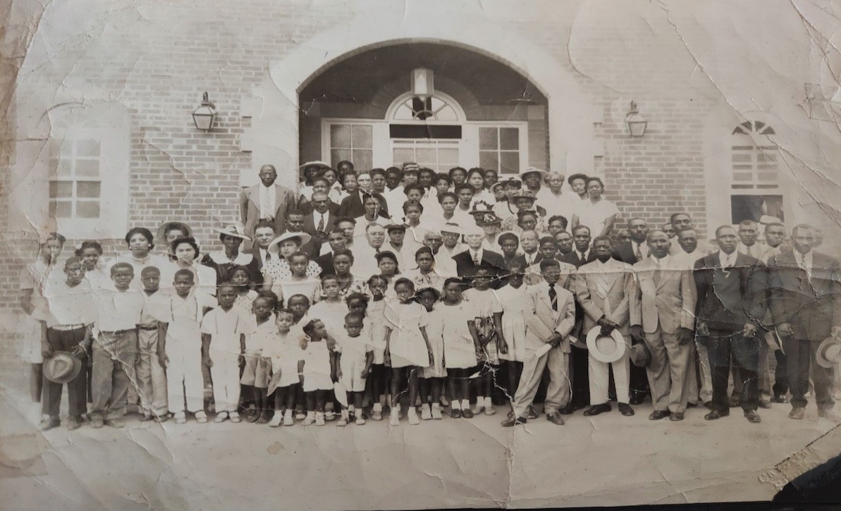 Grier Heights Presbyterian Church Anniversary, 1946. Arthur Grier is in a dark suit with white hair in the center of the group.